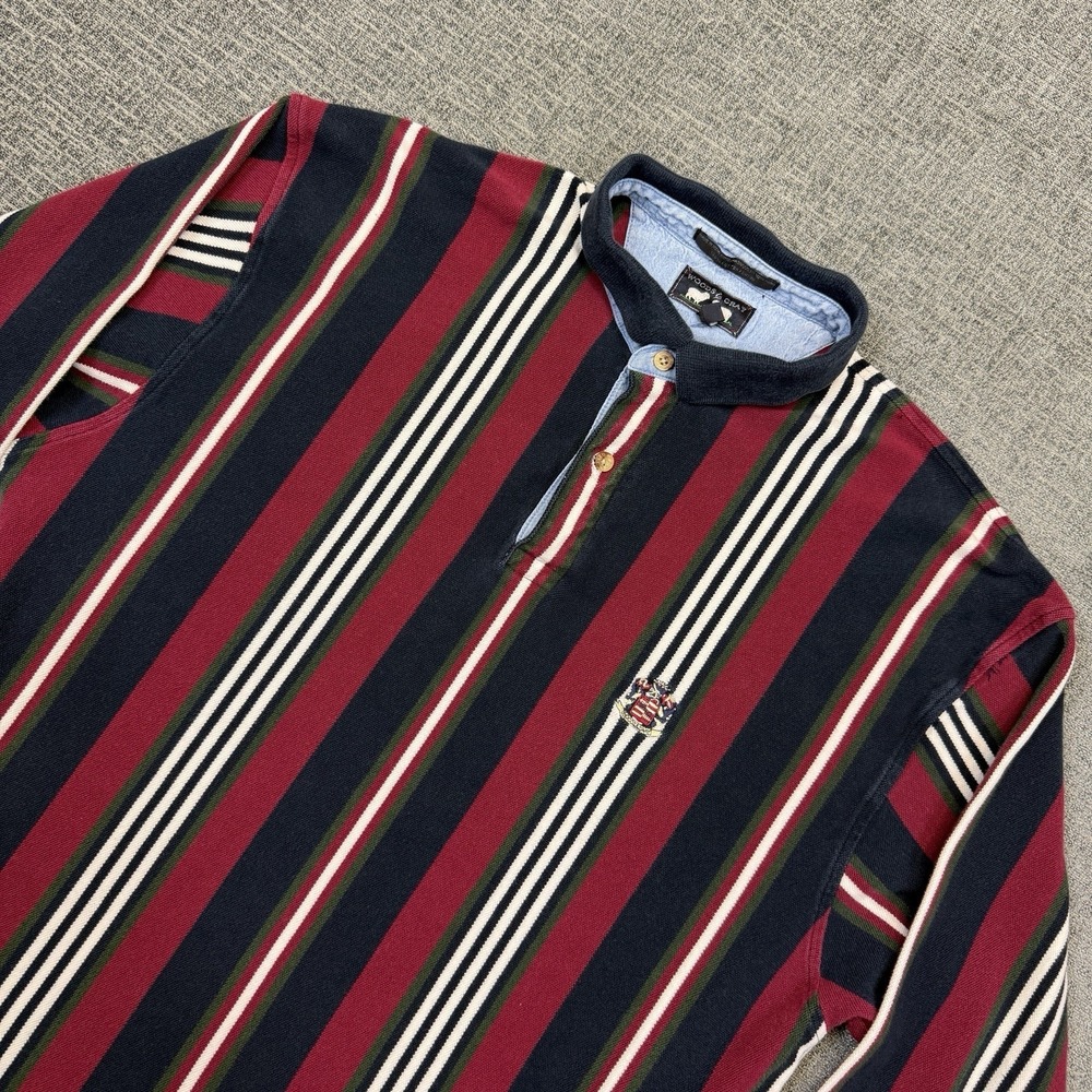 Vintage Woods & Gray Polo Shirt‎ Men's Large Long Sleeve Vertical Striped Logo